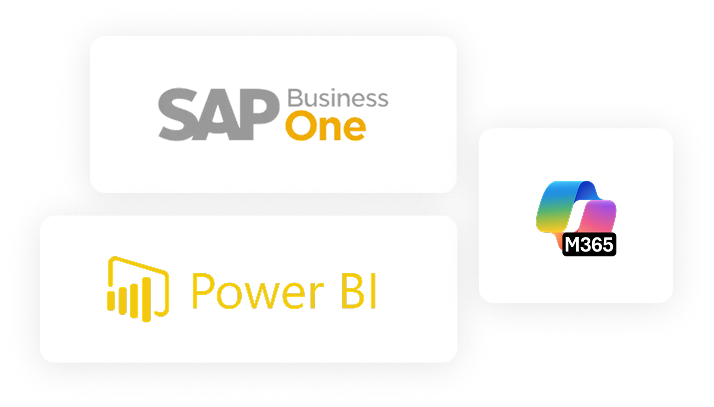 Logos de tecnología SAP, Power BI y M365